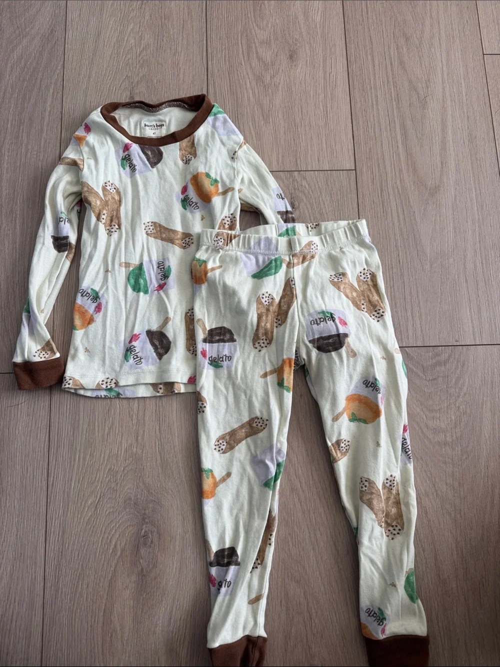 Kids Cream Gelato-Print Pajama Set with Brown Trim